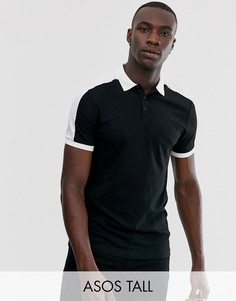 Черная футболка-поло с контрастными вставками на плечах ASOS DESIGN Tall-Черный