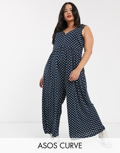 Свободный темно-синий комбинезон в горошек ASOS DESIGN Curve-Мульти