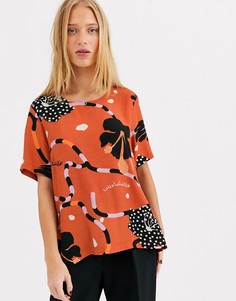 Блузка с принтом и короткими рукавами Selected-Оранжевый