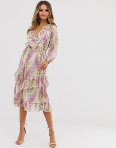 Платье миди с оборками и розовым цветочным принтом River Island-Фиолетовый