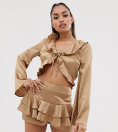 Атласная блузка с завязкой и оборками из комплекта Missguided Petite-Золотой