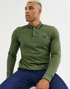 Футболка-поло хаки с длинными рукавами и контрастной отделкой Fred Perry-Зеленый