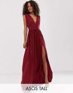 Плиссированное платье макси с кружевными вставками ASOS DESIGN Tall Premium-Красный