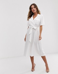 Меланжевое платье-рубашка миди с поясом ASOS DESIGN-Белый