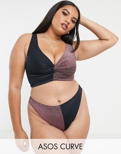 Бикини-топ в рубчик с отделкой металлик и чашечками DD-G от ASOS DESIGN curve-Мульти