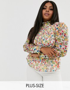 Присборенная блузка с высоким воротом и цветочным принтом Neon Rose Plus-Мульти