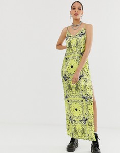 Атласное платье-комбинация макси с зодиакальным принтом New Girl Order-Желтый