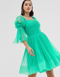 Зеленое платье мини с квадратным вырезом, присборенной отделкой и структурированным низом Lace & Beads-Зеленый