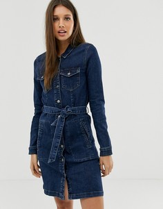 Темное джинсовое платье мини с поясом JDY-Синий