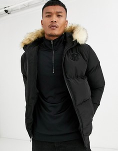 Черная дутая куртка с искусственным мехом на капюшоне SikSilk-Черный