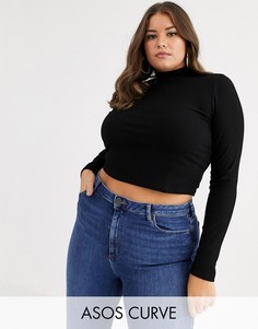 Черный кроп-топ в рубчик, с длинными рукавами и высоким воротом ASOS DESIGN Curve