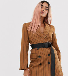 Коричневый удлиненный блейзер в полоску с поясом ASOS DESIGN petite-Мульти