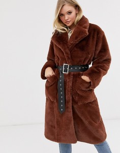 Oversize-пальто из искусственного меха с поясом Neon Rose-Коричневый