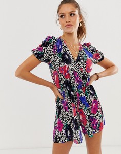 Розовый плиссированный ромпер с пышными рукавами River Island