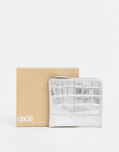 Серебристый кожаный бумажник на молнии с эффектом металлик ASOS DESIGN-Серебряный