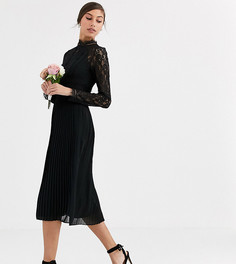 Черное платье миди с высоким воротом, длинными рукавами, кружевными вставками и плиссировкой TFNC Tall Bridesmaid-Черный