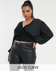 Черный плиссированный топ с запахом, присборенными манжетами и талией ASOS DESIGN Curve