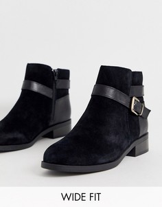 Черные замшевые ботинки на плоской подошве и с пряжками New Look Wide Fit-Черный