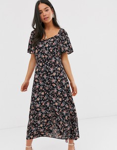 Черное платье макси с цветочным принтом и квадратным вырезом New Look-Черный