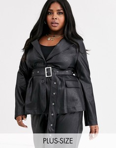 Пиджак из искусственной кожи с поясом Neon Rose Plus-Черный