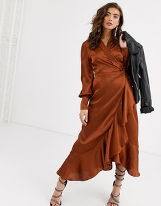 Атласное платье миди шоколадного цвета с запахом Object-Коричневый