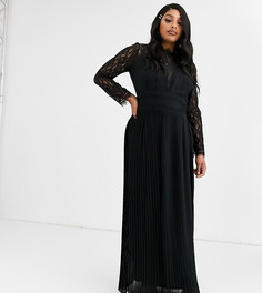 Черное плиссированное платье макси с кружевом и длинными рукавами TFNC Plus-Черный