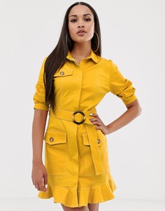 Желтое платье-рубашка с поясом и оборкой по нижнему краю River Island-Желтый