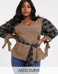Футболка с длинным рукавом в клетку с поясом ASOS DESIGN Curve-Бесцветный