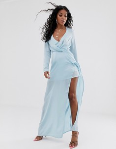 Синее атласное платье макси с высоким разрезом Missguided-Синий