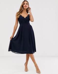 Кружевное приталенное платье на бретелях Girl in Mind-Темно-синий