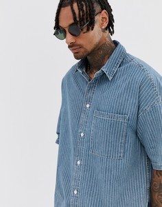 Свободная джинсовая рубашка в полоску Bershka-Синий