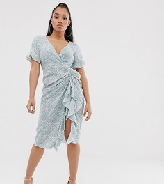 Эксклюзивное чайное платье миди со сборками, разрезом и цветочным принтом Missguided Petite-Синий