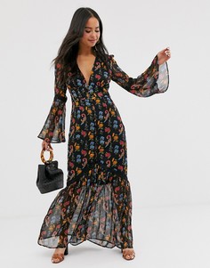 Платье макси с глубоким вырезом спереди и цветочным принтом Glamorous-Черный
