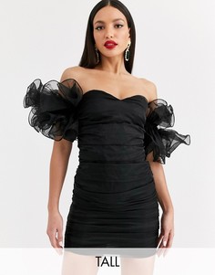 Черное платье мини со сборками на рукавах и открытыми плечами Club L London Tall-Черный