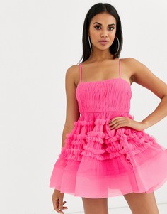 Структурированное платье мини из тюля яркого цвета фуксии с боди Lace & Beads-Розовый