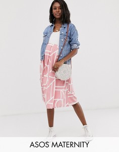 Юбка миди со складками и абстрактным принтом ASOS DESIGN Maternity-Розовый