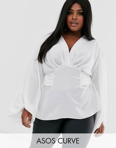 Топ с длинными рукавами, глубоким вырезом и поясом ASOS DESIGN Curve-Бесцветный