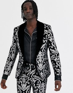 Черный бархатный приталенный пиджак с серебристым принтом Twisted Tailor