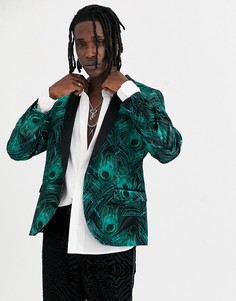 Зеленый супероблегающий бархатный пиджак с павлиньим принтом Twisted Tailor
