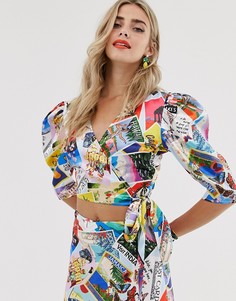 Кроп-топ с запахом, завязкой и принтом открыток Twisted Wunder-Мульти