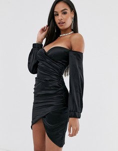 Черное атласное платье мини с открытыми плечами и сборками Club L London-Черный