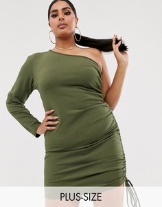 Платье мини цвета хаки на одно плечо с длинными рукавами и сборками сбоку Fashionkilla Plus-Зеленый