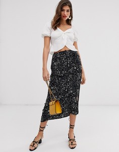 Черная юбка миди на пуговицах с принтом River Island-Черный