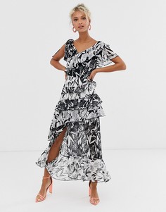 Чайное платье миди деконструированного кроя с принтом черно-белого цвета Dark Pink-Мульти