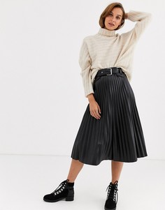 Черная плиссированная юбка миди из искусственной кожи River Island-Черный