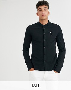 Черная трикотажная рубашка приталенного кроя с воротником на пуговице Religion tall-Черный