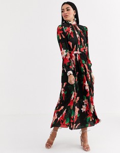 Черное атласное плиссированное платье макси с цветочным принтом Forever U-Мульти