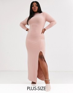 Розовое платье макси с длинными рукавами и разрезом до бедра Club L London Plus-Розовый