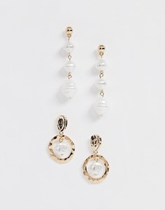 Золотистые серьги-подвески с искусственным жемчугом New Look - 2 пары-Золотой