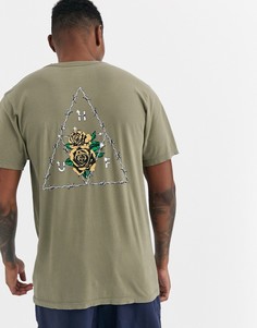 Футболка цвета хаки с цветочным принтом на спине HUF Dystopia Triple Triangle-Зеленый
